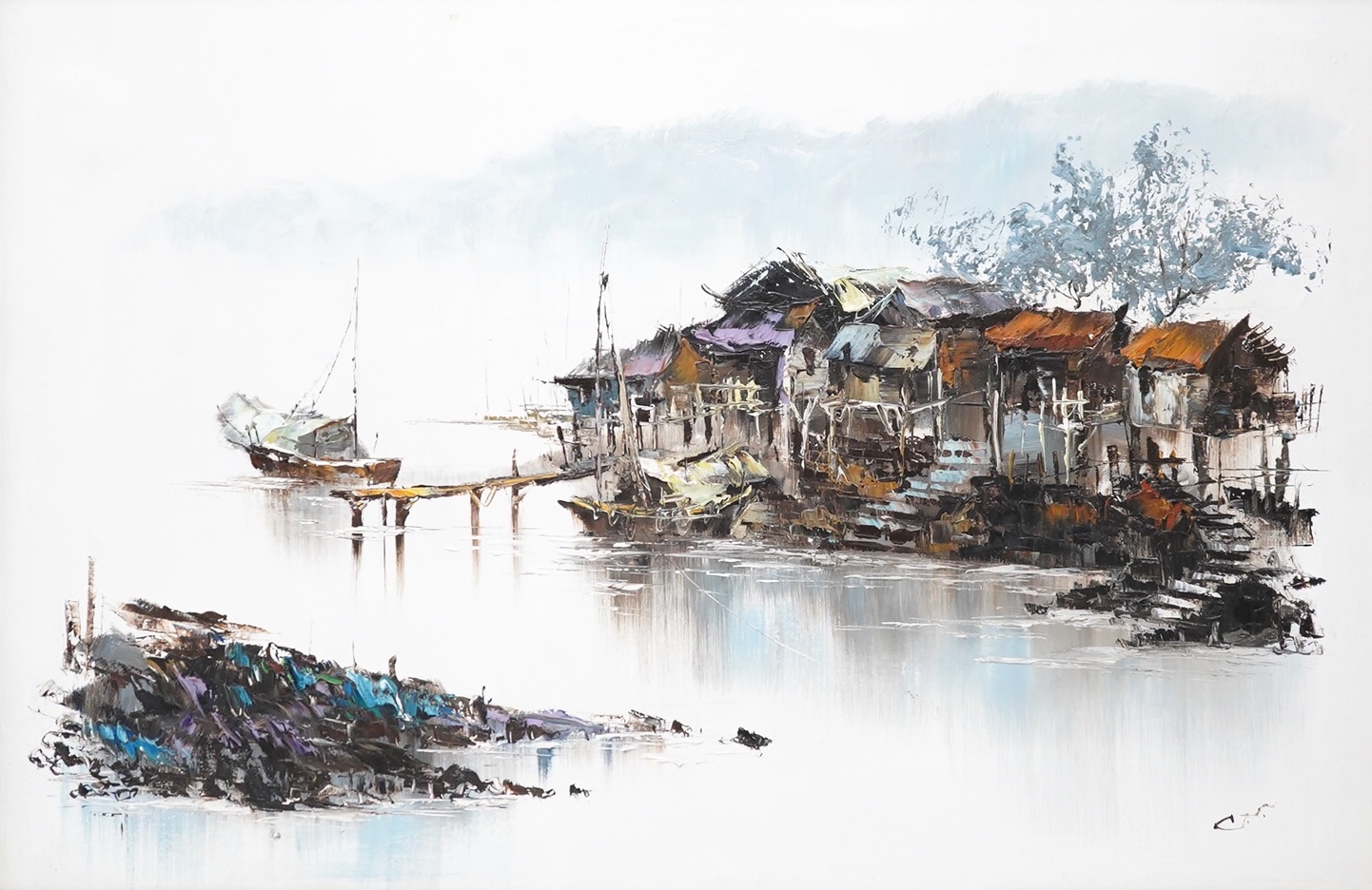 Oriental School, River scene with Chinese junks and houses, indistinctly signed, oil on canvas, 58 x 88cm